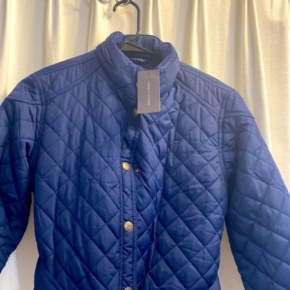 NWT Girls Tommy Hilfiger Blue Quilted with Belt All Weather Snap Up Jacket XL
